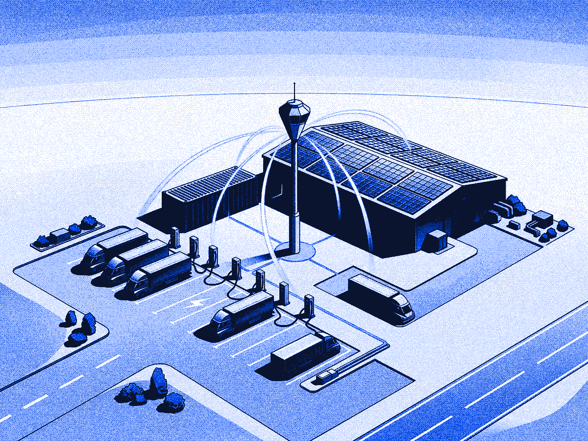 A warehouse campus with solar, a battery and chargers connected to a central control mast.